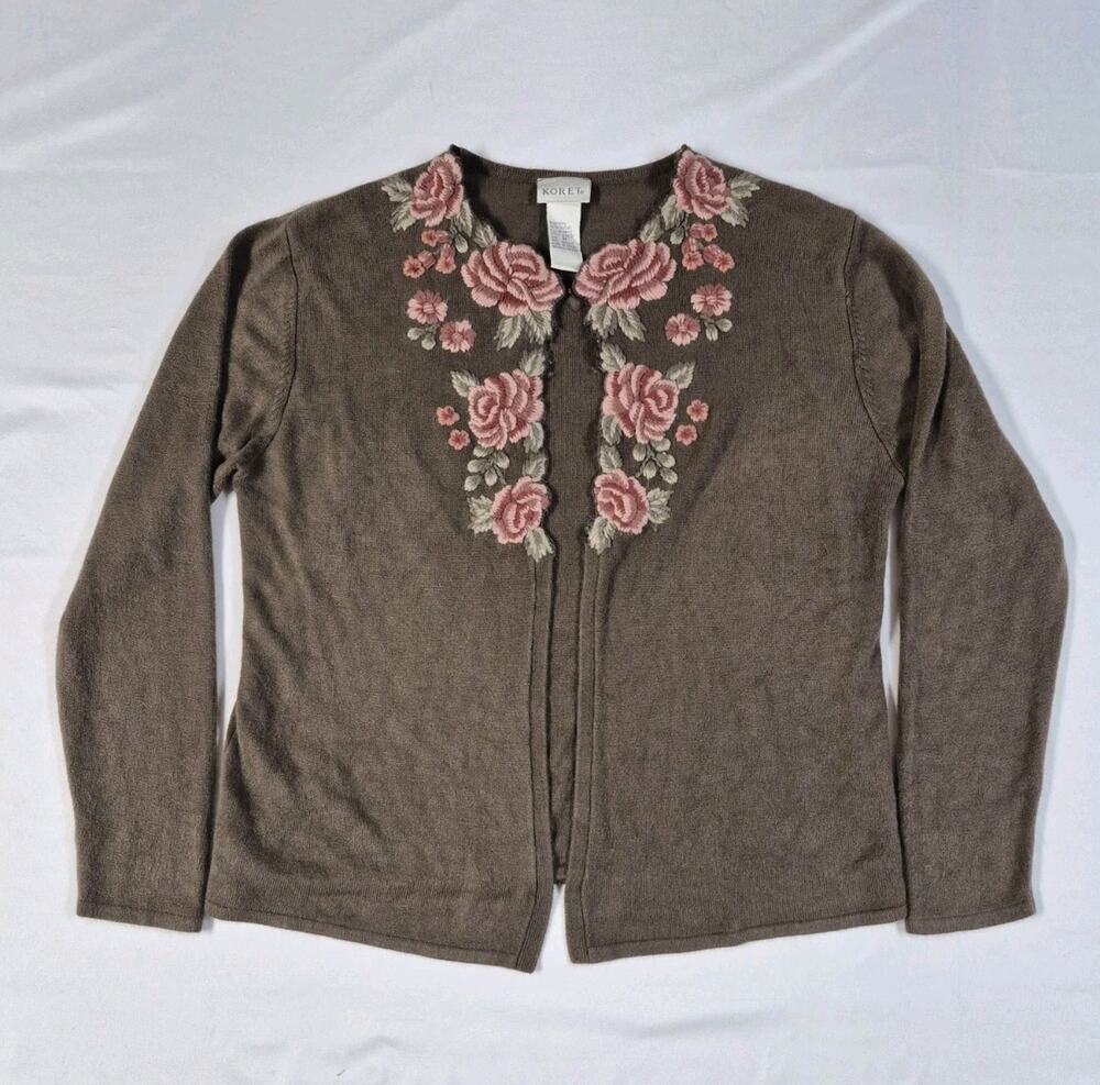 VTG Koret Cardigan Sweater Womens M Brown Knit Pink Floral Embroidered Rose Neck